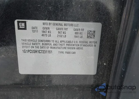 2012 Chevrolet Cruze Ls z USA, uszkodzony, nr VIN 1G1PC5SH1C7231161